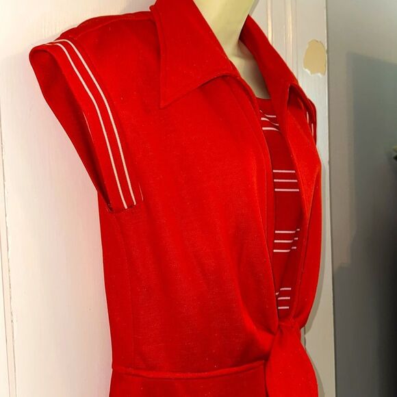 Vintage 70s Melissa Lane Tomato Red Double Knit Polyester Wide Leg Jumpsuit - Picture 6 of 8
